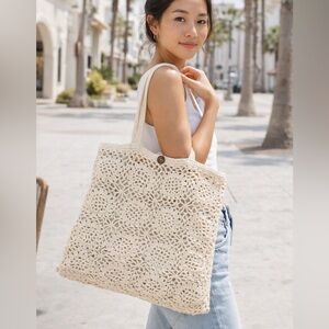 lovestitch square Crochet Tote Bag - Cream OS